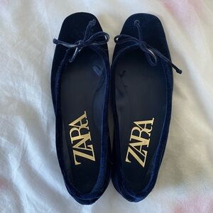 Zara Blue Velvet flat ballerina shoes